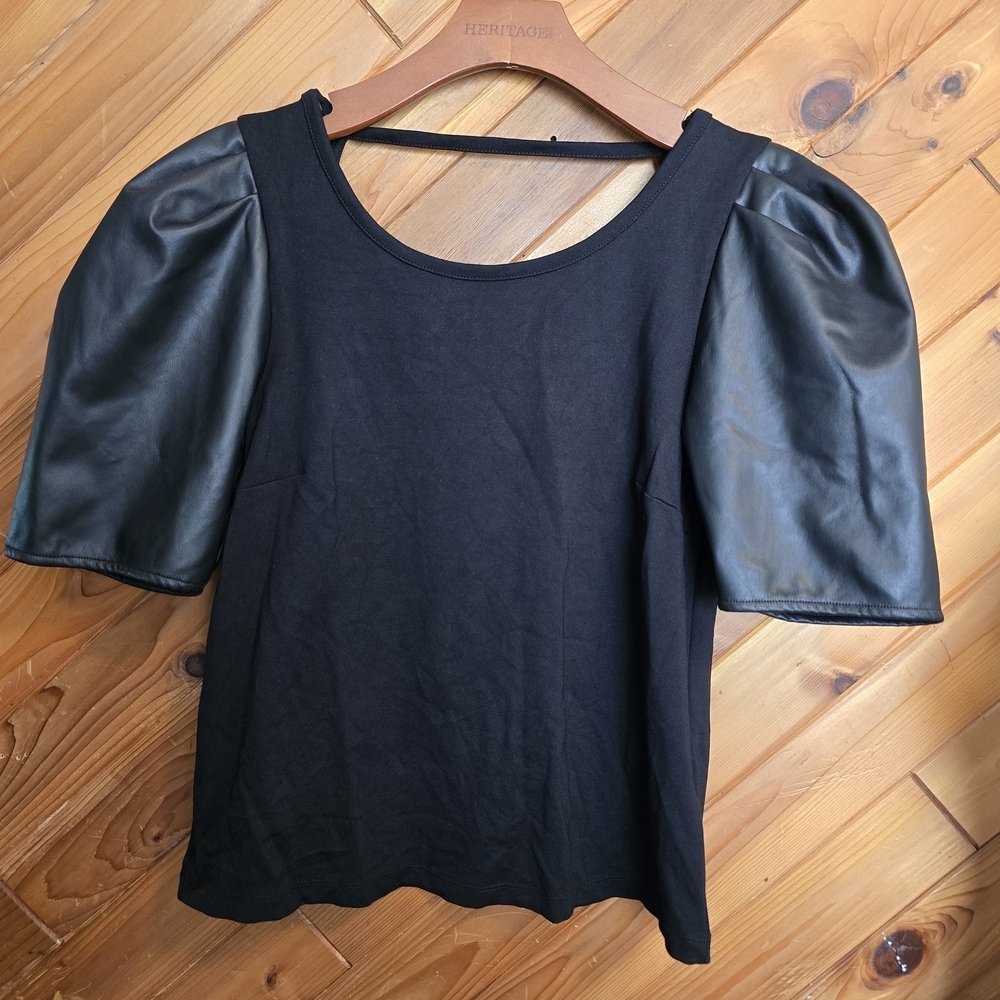 Anthropologie Black Faux Leather Sleeve Top Size Medium - Picture 3 of 5